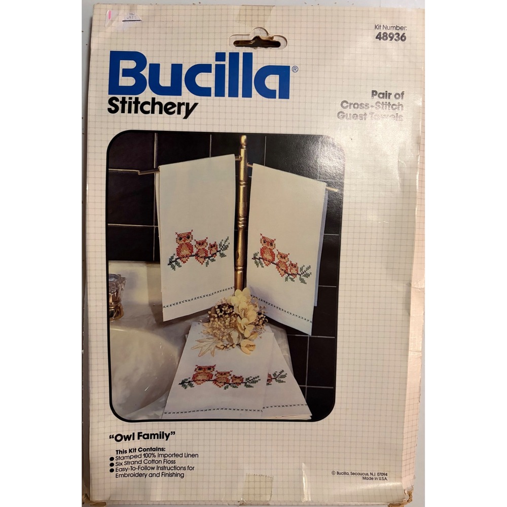 NIP Vintage Bucilla Stitchery Owl Family Cross Stitch Guest Towels Kit 48936